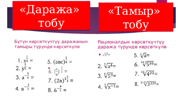 «Даража» тобу «Тамыр» тобу Бүтүн көрсөткүчтүү даражанын тамыры түрүндө көрсөткүлө Рационалдык көрсөткүчтүү даража түрундө көрсөткүлө 