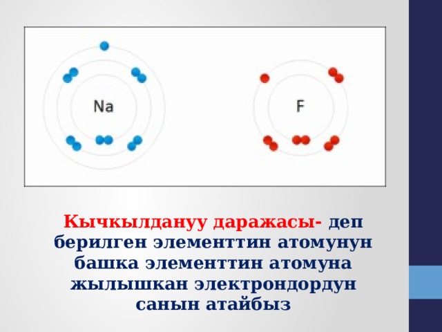 Кычкылдануу даражасы- деп берилген элементтин атомунун башка элементтин атомуна жылышкан электрондордун санын атайбыз 