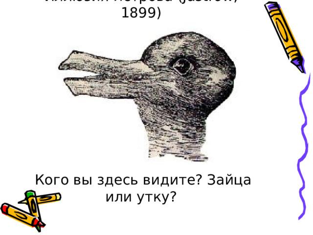     Иллюзия Ястрова (Jastrow, 1899)           Кого вы здесь видите? Зайца или утку? 