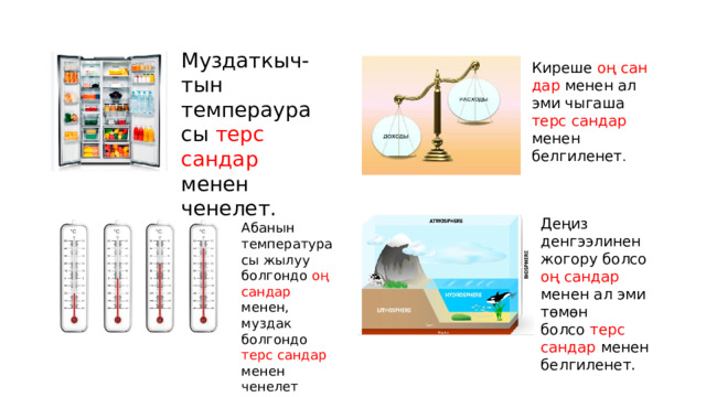 Муздаткыч- тын темпераурасы терс сандар менен ченелет. Киреше  оң сандар менен ал эми чыгаша терс сандар менен белгиленет . Деңиз денгээлинен  жогору болсо оң сандар менен ал эми төмөн болсо  терс сандар менен белгиленет. Абанын температурасы жылуу болгондо оң сандар менен, муздак болгондо терс сандар менен ченелет 