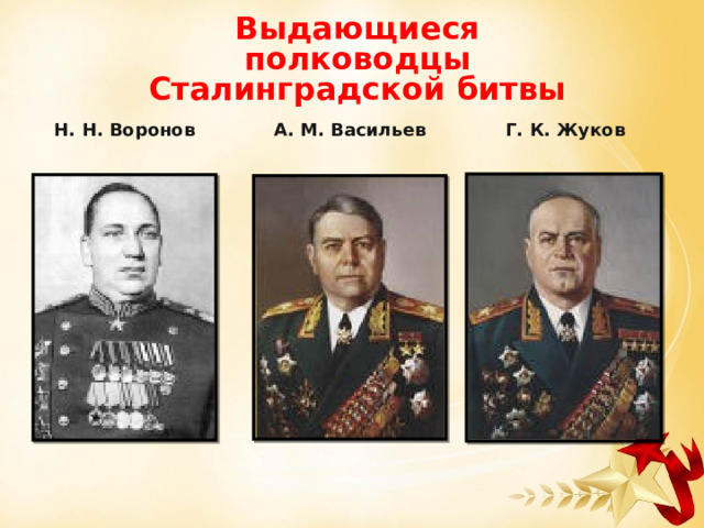 Выдающиеся полководцы Сталинградской битвы Г. К. Жуков Н. Н. Воронов А. М. Васильев 