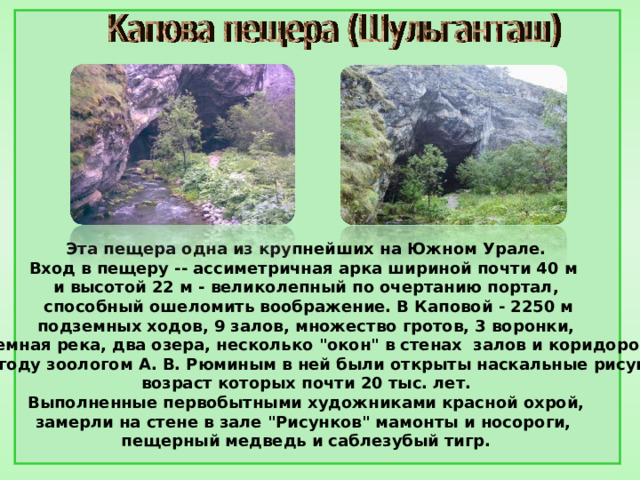 Эта пещера одна из крупнейших на Южном Урале. Вход в пещеру -- ассиметричная арка шириной почти 40 м и высотой 22 м - великолепный по очертанию портал,  способный ошеломить воображение. В Каповой - 2250 м  подземных ходов, 9 залов, множество гротов, 3 воронки, подземная река, два озера, несколько 