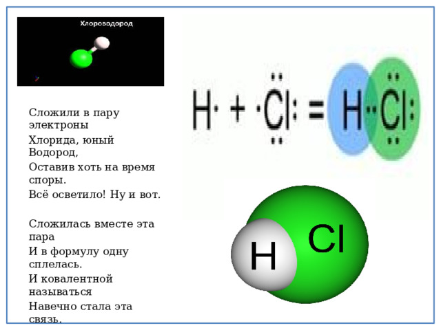 Сложили в пару электроны Хлорида, юный Водород, Оставив хоть на время споры. Всё осветило! Ну и вот. Сложилась вместе эта пара И в формулу одну сплелась. И ковалентной называться Навечно стала эта связь. 