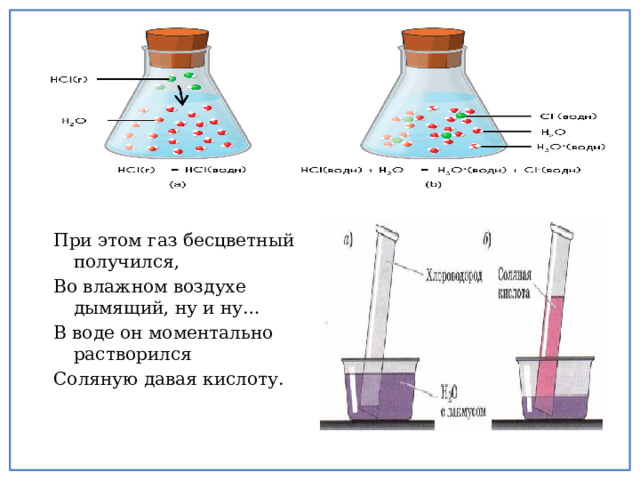 При этом газ бесцветный получился, Во влажном воздухе дымящий, ну и ну… В воде он моментально растворился Соляную давая кислоту. 