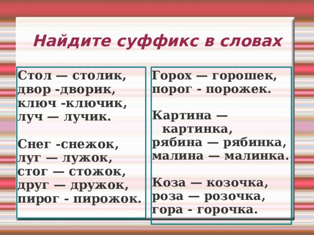 Найдите суффикс в словах Горох — горошек, порог - порожек.  Картина — картинка, рябина — рябинка, малина — малинка.  Коза — козочка, роза — розочка, гора - горочка.  Стол — столик, двор -дворик, ключ -ключик, луч — лучик.  Снег -снежок, луг — лужок, стог — стожок, друг — дружок, пирог - пирожок. 