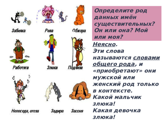 Определите род данных имён существительных? Он или она? Мой или моя? Неясно . Эти слова называются словами общего рода , и «приобретают» они мужской или женский род только в контексте. Какой мальчик злюка! Какая девочка злюка!   