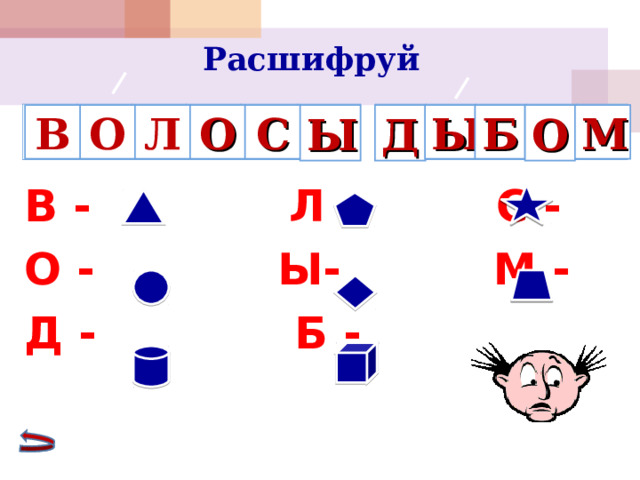 Расшифруй  В О М О Б Ы Д Ы С О Л В - Л - С - О - Ы- М - Д - Б - 