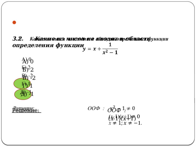     3.2. Какие из чисел не входят в область определения функции   А) 0  Б) 2  В) -2  Г) 1  Д) -1  Решение:  ООФ : ( х -1)( х +1) 