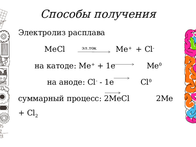 Способы получения Электролиз расплава МеСl эл.ток Ме + + Сl - на катоде: Ме + + 1е Ме 0  на аноде: Сl - - 1e Cl 0 суммарный процесс: 2МеCl 2Ме + Cl 2 