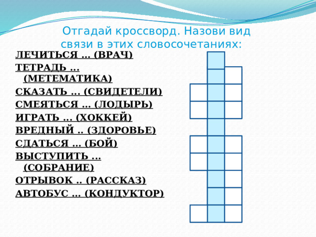  Отгадай кроссворд. Назови вид  связи в этих словосочетаниях: ЛЕЧИТЬСЯ … (ВРАЧ) ТЕТРАДЬ ...(МЕТЕМАТИКА) СКАЗАТЬ ... (СВИДЕТЕЛИ) СМЕЯТЬСЯ … (ЛОДЫРЬ) ИГРАТЬ ... (ХОККЕЙ) ВРЕДНЫЙ .. (ЗДОРОВЬЕ) СДАТЬСЯ … (БОЙ) ВЫСТУПИТЬ ...(СОБРАНИЕ) ОТРЫВОК .. (РАССКАЗ) АВТОБУС … (КОНДУКТОР)  У   П О Р   П И     Н Д А  В Я Д    Л  Е Б  З  А   Н   И З  З   Б Е 