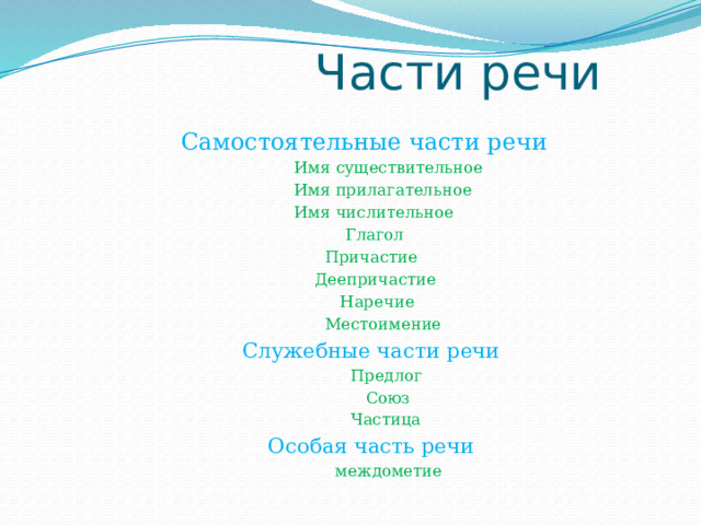  Части речи  Самостоятельные части речи   Имя существительное  Имя прилагательное  Имя числительное  Глагол  Причастие  Деепричастие  Наречие  Местоимение  Служебные части речи  Предлог  Союз  Частица  Особая часть речи  междометие 