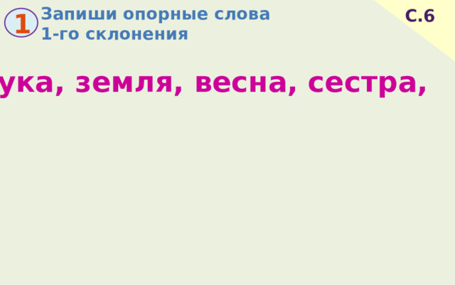 Запиши опорные слова  1-го склонения С.6 1 рука, земля, весна, сестра, 