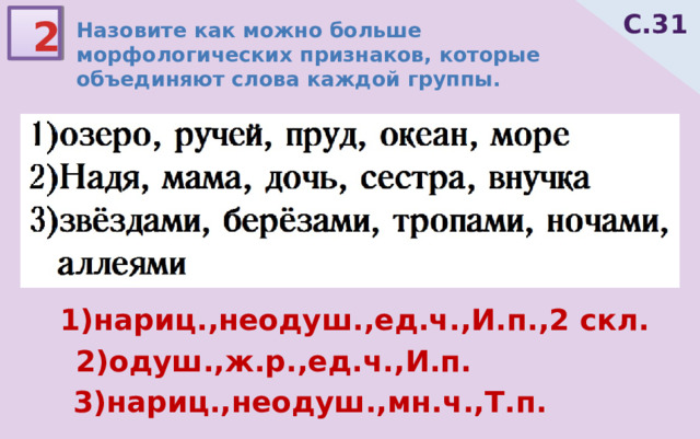 С.31 2 Назовите как можно больше морфологических признаков, которые объединяют слова каждой группы. 1)нариц.,неодуш.,ед.ч.,И.п.,2 скл. 2)одуш.,ж.р.,ед.ч.,И.п. 3)нариц.,неодуш.,мн.ч.,Т.п. 