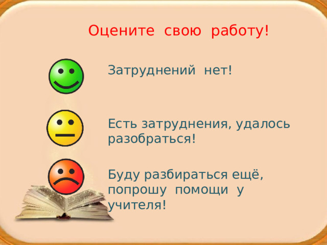 Оцените свою работу! Затруднений нет! Есть затруднения, удалось разобраться! Буду разбираться ещё, попрошу помощи у учителя! 