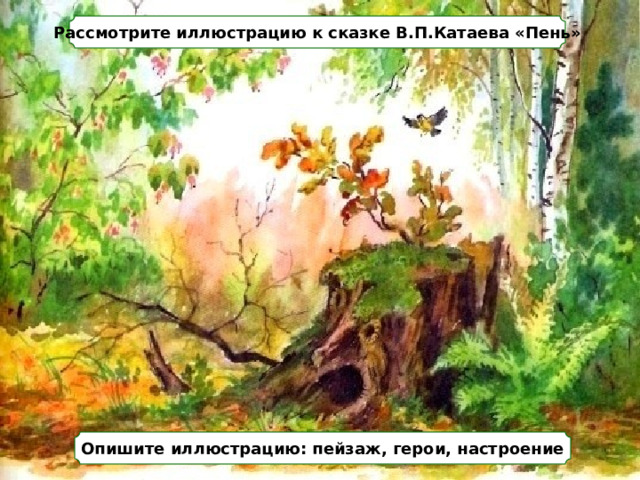 Рассмотрите иллюстрацию к сказке В.П.Катаева «Пень» Опишите иллюстрацию: пейзаж, герои, настроение 