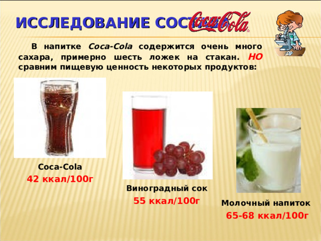 ИССЛЕДОВАНИЕ СОСТАВА В напитке Coca-Cola  содержится очень много сахара, примерно шесть ложек на стакан. НО  сравним пищевую ценность некоторых продуктов: Coca-Cola 42 ккал/100г Виноградный сок 55 ккал/100г Молочный напиток  65-68 ккал/100г 