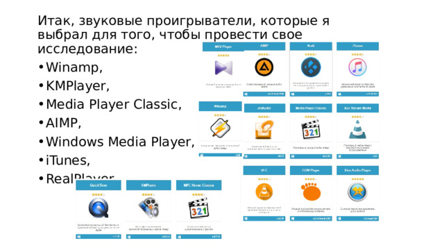 Итак, звуковые проигрыватели, которые я выбрал для того, чтобы провести свое исследование: Winamp, KMPlayer, Media Player Classic, AIMP, Windows Media Player, iTunes, RealPlayer. 