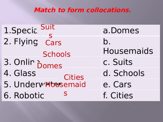  Match to form collocations.    Special Domes 2. Flying b. Housemaids 3. Online c. Suits 4. Glass d. Schools 5. Underwater e. Cars 6. Robotic f. Cities Suits Cars Schools Domes Cities Housemaids  