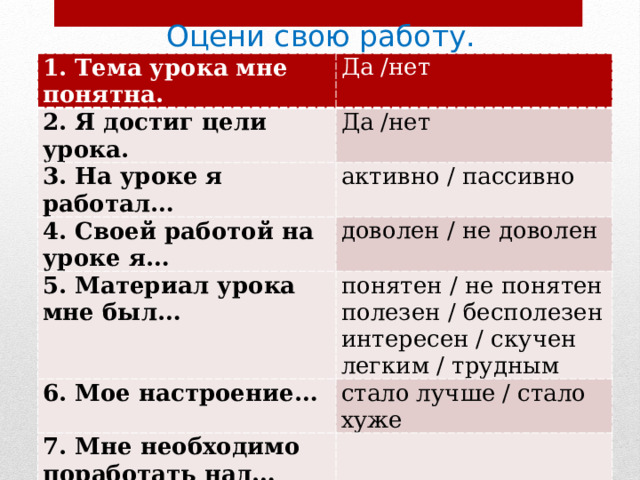 Оцени свою работу. 1. Тема урока мне понятна. Да /нет 2. Я достиг цели урока. Да /нет 3. На уроке я работал… активно / пассивно 4. Своей работой на уроке я… 5. Материал урока мне был… доволен / не доволен понятен / не понятен 6. Мое настроение… полезен / бесполезен стало лучше / стало хуже 7. Мне необходимо поработать над… (перечисли темы для доработки). интересен / скучен   легким / трудным 