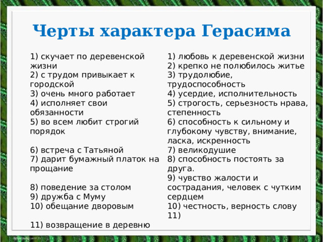 Черты характера Герасима 1) скучает по деревенской жизни 1) любовь к деревенской жизни 2) с трудом привыкает к городской 3) очень много работает 2) крепко не полюбилось житье 4) исполняет свои обязанности 3) трудолюбие, трудоспособность 5) во всем любит строгий порядок 4) усердие, исполнительность 5) строгость, серьезность нрава, степенность 6) встреча с Татьяной 6) способность к сильному и глубокому чувству, внимание, ласка, искренность 7) великодушие 7) дарит бумажный платок на прощание 8) способность постоять за друга. 9) чувство жалости и сострадания, человек с чутким сердцем 8) поведение за столом 10) честность, верность слову 9) дружба с Муму 11) 10) обещание дворовым 11) возвращение в деревню 