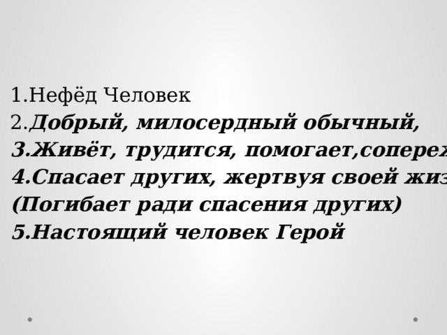 1.Нефёд Человек 2. Добрый, милосердный обычный, 3.Живёт, трудится, помогает,сопереживает, 4.Спасает других, жертвуя своей жизнью (Погибает ради спасения других) 5.Настоящий человек  Герой 