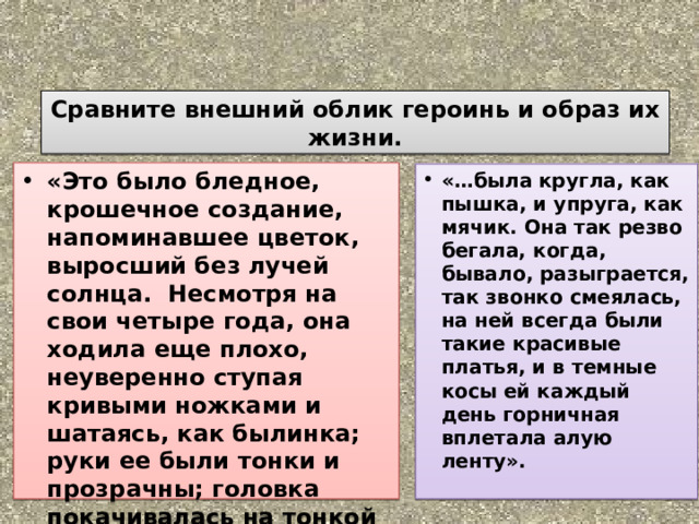 Сравните внешний облик героинь и образ их жизни. «Это было бледное, крошечное создание, напоминавшее цветок, выросший без лучей солнца.  Несмотря на свои четыре года, она ходила еще плохо, неуверенно ступая кривыми ножками и шатаясь, как былинка; руки ее были тонки и прозрачны; головка покачивалась на тонкой шее, как головка полевого колокольчика...» «…была кругла, как пышка, и упруга, как мячик. Она так резво бегала, когда, бывало, разыграется, так звонко смеялась, на ней всегда были такие красивые платья, и в темные косы ей каждый день горничная вплетала алую ленту». 