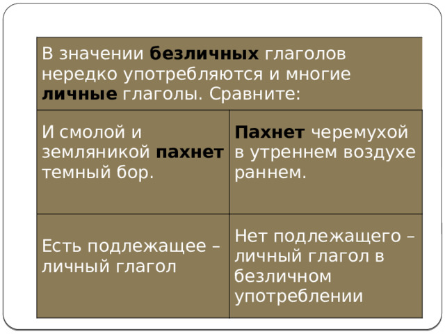 В значении безличных глаголов нередко употребляются и многие личные глаголы. Сравните: И смолой и земляникой пахнет темный бор.   Пахнет черемухой в утреннем воздухе раннем.   Есть подлежащее – личный глагол   Нет подлежащего – личный глагол в безличном употреблении 