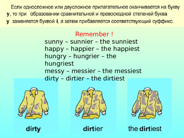 Remember ! sunny – sunnier – the sunniest happy – happier – the happiest hungry – hungrier – the hungriest messy – messier – the messiest dirty – dirtier – the dirtiest 
