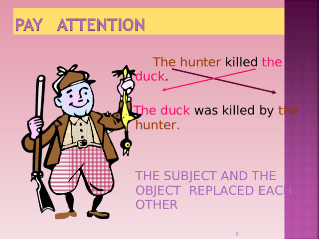  The hunter killed the duck .  The duck was killed by the hunter.  THE SUBJECT AND THE OBJECT REPLACED EACH OTHER  