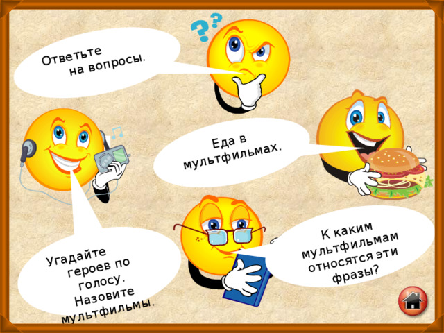 К каким мультфильмам относятся эти фразы? Угадайте героев по голосу. Назовите мультфильмы. Еда в мультфильмах. Ответьте на вопросы. 