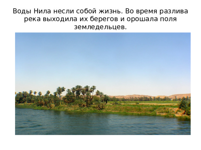 Воды Нила несли собой жизнь. Во время разлива река выходила их берегов и орошала поля земледельцев. 