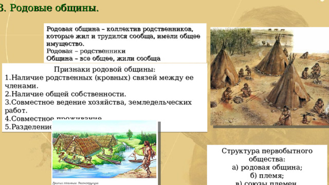 3. Родовые общины. Родовая община – коллектив родственников, которые жил и трудился сообща, имели общее имущество. Родовая – родственники Община – все общее, жили сообща Признаки родовой общины: Наличие родственных (кровных) связей между ее членами. Наличие общей собственности. Совместное ведение хозяйства, земледельческих работ. Совместное проживание. Разделение обязанностей. Структура первобытного общества: а) родовая община; б) племя; в) союзы племен. 