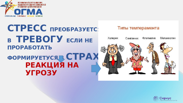 СТРЕСС ПРЕОБРАЗУЕТСЯ В ТРЕВОГУ ЕСЛИ НЕ ПРОРАБОТАТЬ ФОРМИРУЕТУСЯ В СТРАХ РЕАКЦИЯ НА УГРОЗУ 