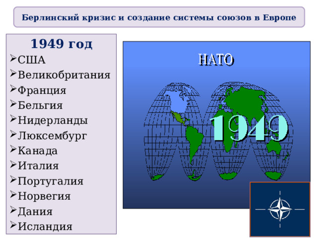 Берлинский кризис и создание системы союзов в Европе 1949 год США Великобритания Франция Бельгия Нидерланды Люксембург Канада Италия Португалия Норвегия Дания Исландия 