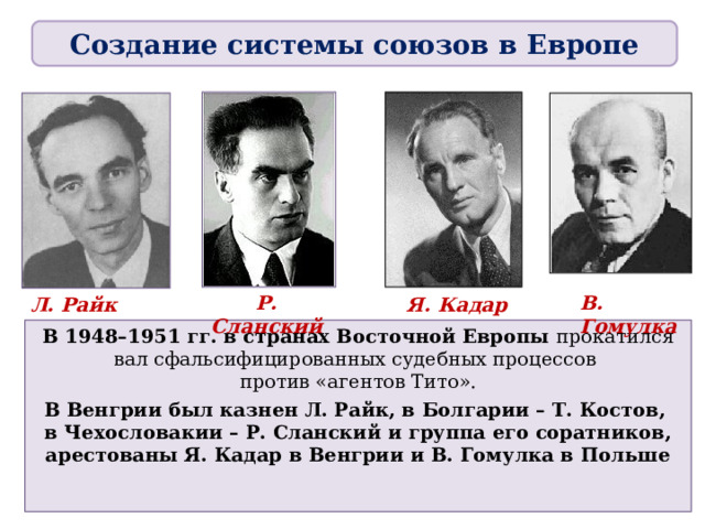 Создание системы союзов в Европе Р. Сланский В. Гомулка Л. Райк Я. Кадар В 1948–1951 гг. в странах Восточной Европы прокатился  вал сфальсифицированных судебных процессов  против «агентов Тито». В Венгрии был казнен Л. Райк, в Болгарии – Т. Костов,  в Чехословакии – Р. Сланский и группа его соратников, арестованы Я. Кадар в Венгрии и В. Гомулка в Польше 