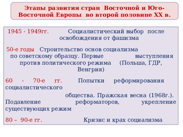 Этапы развития стран Восточной и Юго-Восточной Европы во второй половине XX в. 1945 - 1949гг.   Социалистический выбор после     освобождения от фашизма 50-е годы   Строительство основ социализма     по советскому образцу. Первые    выступления против политического режима   (Польша, ГДР, Венгрия) 60 - 70-е гг.  Попытки реформирования  социалистического  общества. Пражская весна (1968г.). Подавление    реформаторов, укрепление существующих режим 80 – 90-е гг.   Кризис и крах социализма 