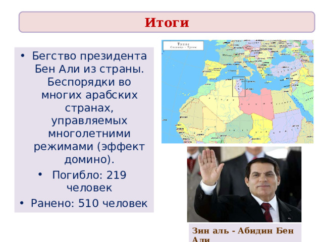 Итоги Бегство президента Бен Али из страны. Беспорядки во многих арабских странах, управляемых многолетними режимами (эффект домино). Погибло: 219 человек Ранено: 510 человек Зин аль - Абидин Бен Али 
