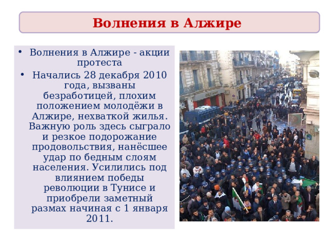 Волнения в Алжире Волнения в Алжире - акции протеста Начались 28 декабря 2010 года, вызваны безработицей, плохим положением молодёжи в Алжире, нехваткой жилья. Важную роль здесь сыграло и резкое подорожание продовольствия, нанёсшее удар по бедным слоям населения. Усилились под влиянием победы революции в Тунисе и приобрели заметный размах начиная с 1 января 2011. 