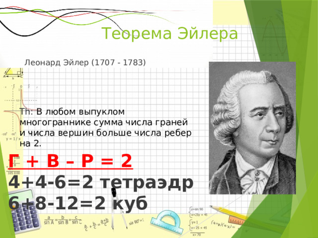 Теорема Эйлера Леонард Эйлер (1707 - 1783) Th: В любом выпуклом многограннике сумма числа граней и числа вершин больше числа ребер на 2. Г + В – Р = 2 4+4-6=2 тетраэдр 6+8-12=2 куб 