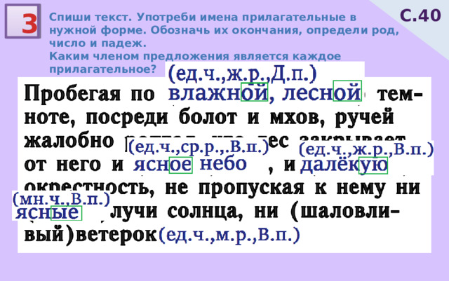 С.40 3 Спиши текст. Употреби имена прилагательные в нужной форме. Обозначь их окончания, определи род, число и падеж. Каким членом предложения является каждое прилагательное? 