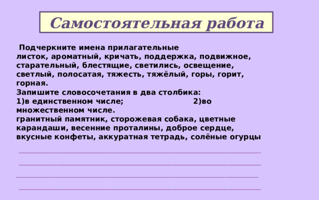 Самостоятельная работа  Подчеркните имена прилагательные листок, ароматный, кричать, поддержка, подвижное, старательный, блестящие, светились, освещение, светлый, полосатая, тяжесть, тяжёлый, горы, горит, горная. Запишите словосочетания в два столбика: 1)в единственном числе; 2)во множественном числе. гранитный памятник, сторожевая собака, цветные карандаши, весенние проталины, доброе сердце, вкусные конфеты, аккуратная тетрадь, солёные огурцы  _________________________________________________________________  _________________________________________________________________ _________________________________________________________________  _________________________________________________________________  