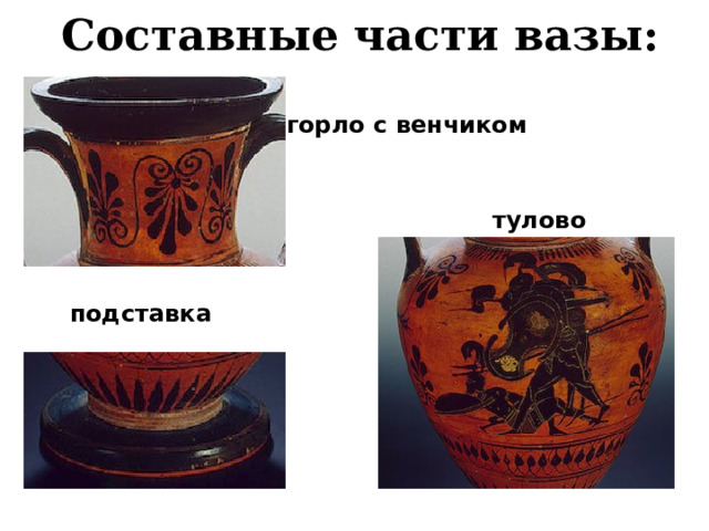 Составные части вазы: горло с венчиком тулово подставка 