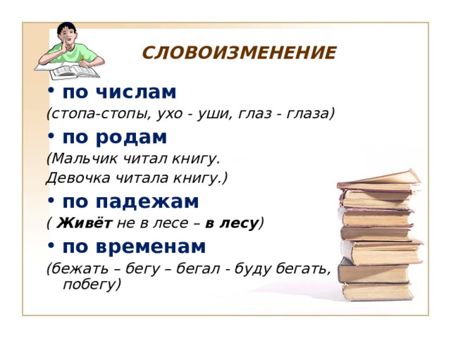 СЛОВОИЗМЕНЕНИЕ по числам (стопа-стопы, ухо - уши, глаз - глаза) по родам (Мальчик читал книгу. Девочка читала книгу.) по падежам ( Живёт не в лесе – в лесу ) по временам (бежать – бегу – бегал - буду бегать, побегу)  