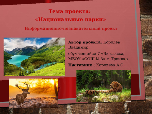 Тема проекта:  «Национальные парки» Информационно-познавательный проект Автор проекта : Королев Владимир, обучающийся 7 «В» класса, МБОУ «СОШ № 3» г. Троицка Наставник : Королева А.С.  