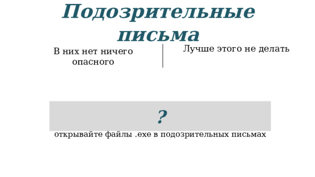 Подозрительные письма Лучше этого не делать В них нет ничего опасного Прежде чем открыть письмо, пришедшее на электронную почту, прочитайте заголовок и посмотрите, с какого адреса. Никогда не открывайте файлы .exe в подозрительных письмах  ? 