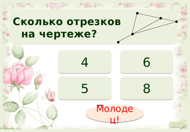 Сколько отрезков   на чертеже? 6 4 8 5 Подумай! Молодец! 