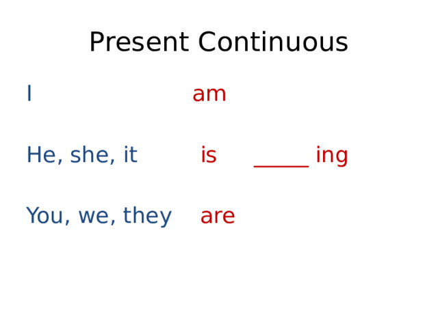 Present Continuous I am He, she, it is   _____ ing You, we, they are 