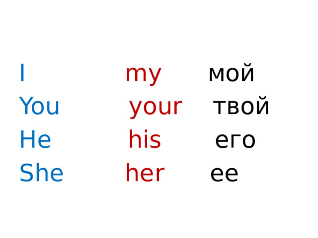 I  my мой You  your твой He  his его She  her ее 