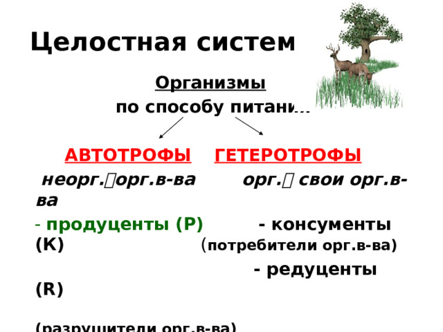 Целостная система Организмы  по способу питания  АВТОТРОФЫ   ГЕТЕРОТРОФЫ   неорг.  орг.в-ва  орг.  свои орг.в-ва  - продуценты (Р)  - консументы  (К)      ( потребители орг.в-ва)  - редуценты (R)  (разрушители орг.в-ва) 