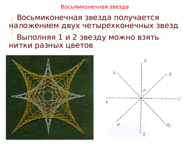 Восьмиконечная звезда  Восьмиконечная звезда получается наложением двух четырехконечных звезд  Выполняя 1 и 2 звезду можно взять нитки разных цветов 